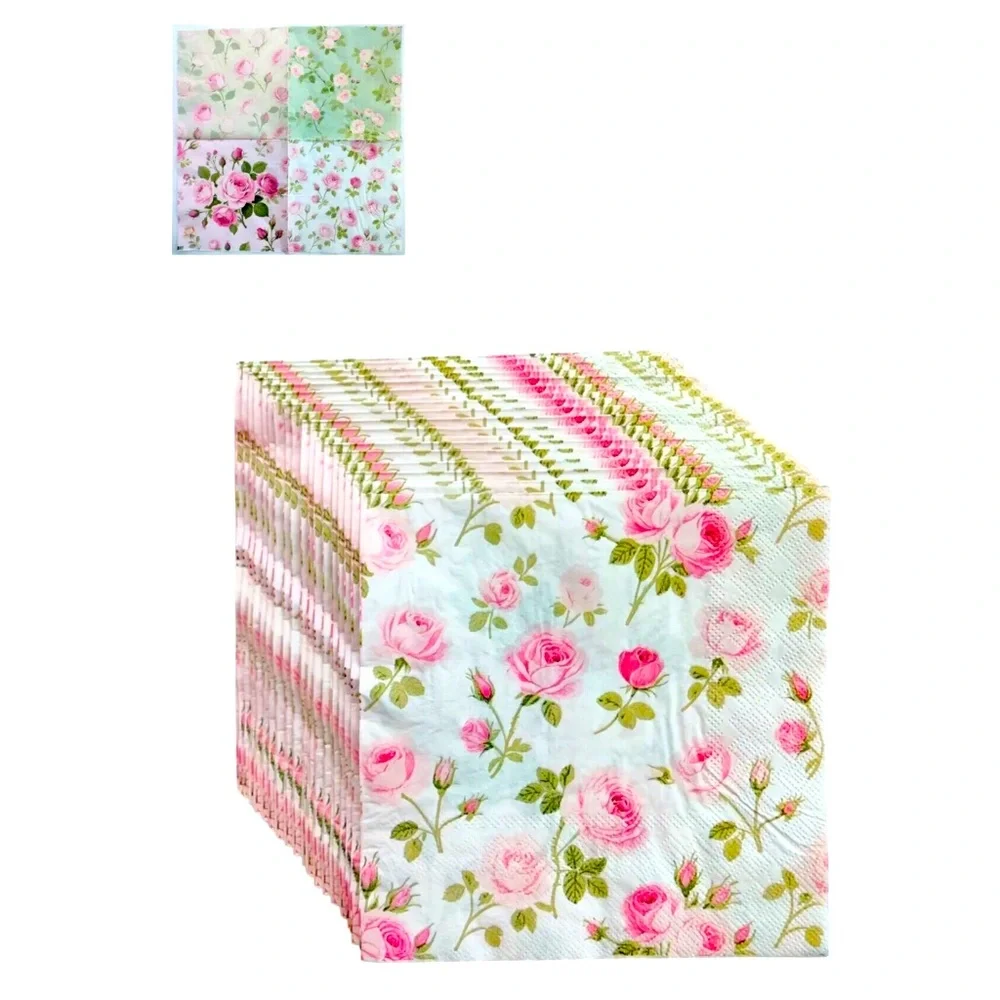 Set of 20 Four Unique Designs of Roses in One Floral Luncheon Napkins